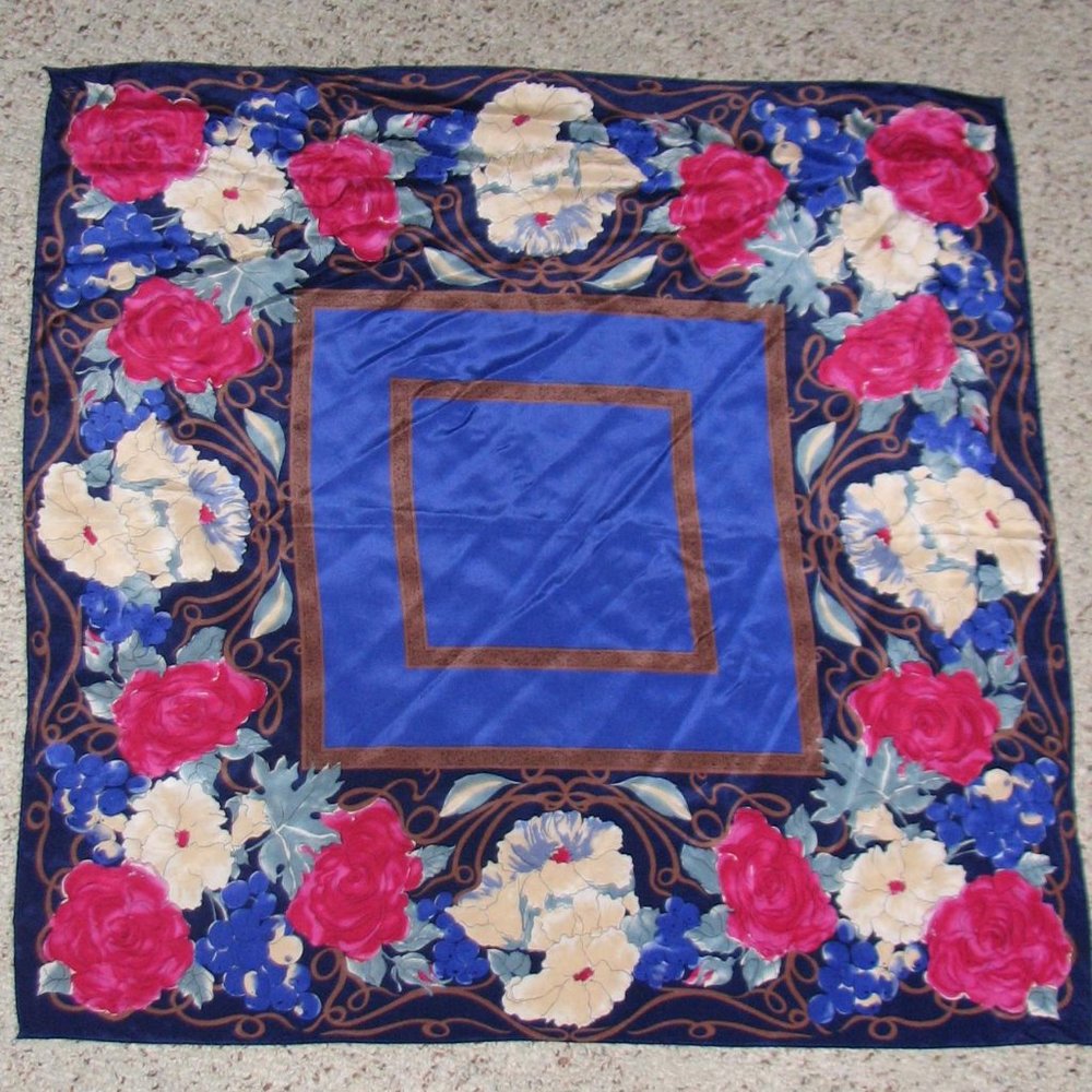 VERA NEUMANN Silk Scarf Pink Roses Blue Grapes